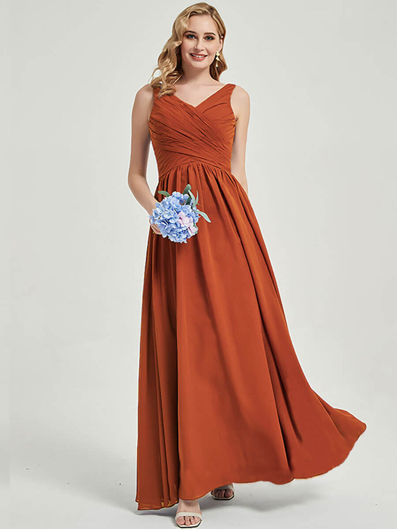 Burnt Orange V-neckline Pleated Classic Bridesmaid Dress