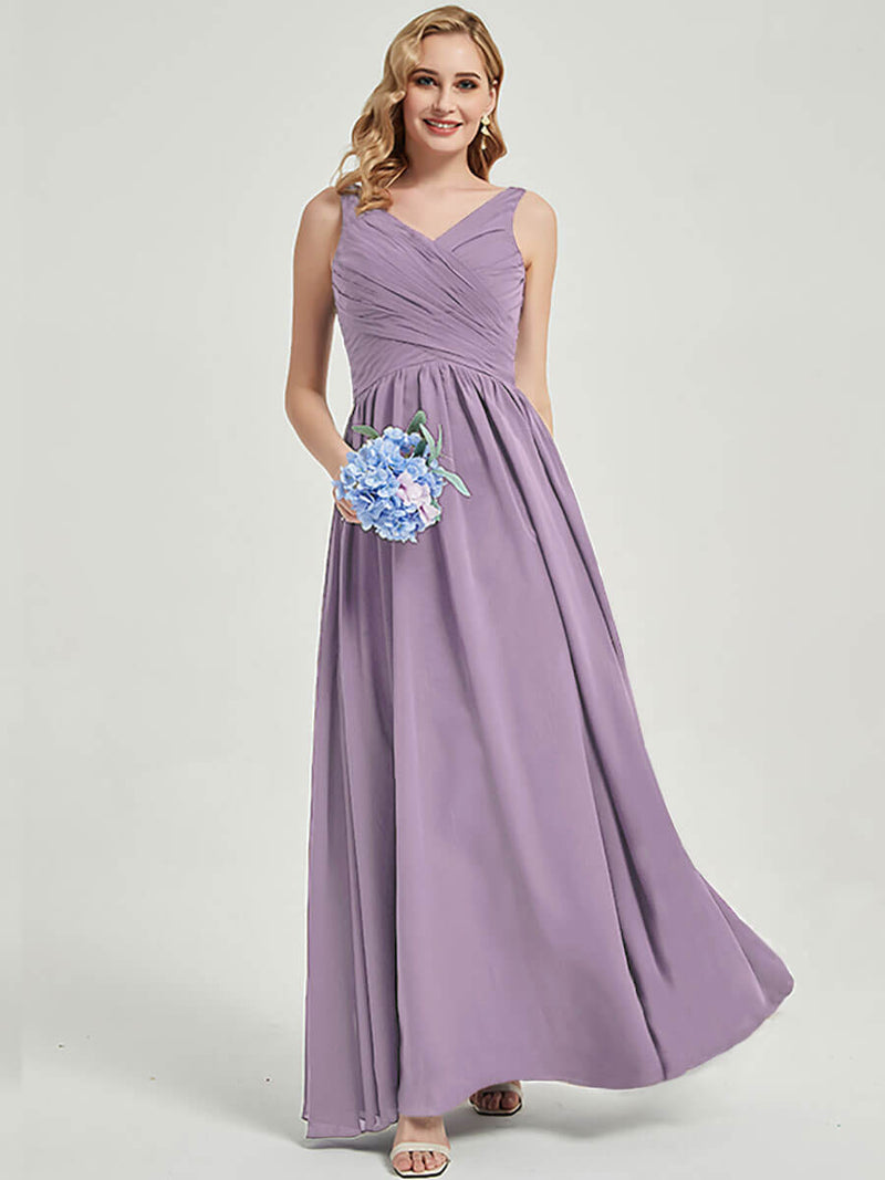 Dusty Purple V-neckline Pleated Classic Bridesmaid Dress