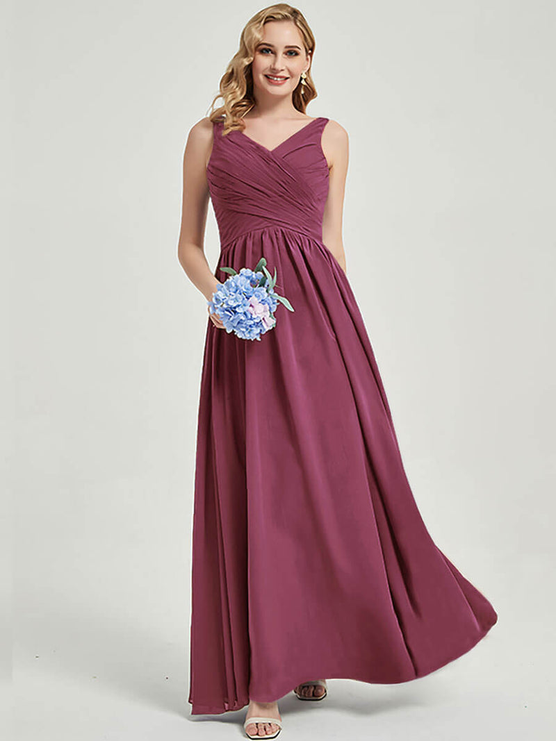 Mulberry V-neckline Pleated Classic Bridesmaid Dress