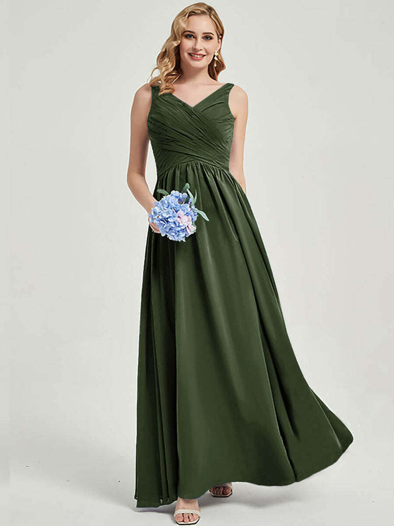 Olive Sleeveless Bridesmaid Dress-Flori