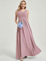 Vintage Mauve V-neckline Pleated Classic Bridesmaid Dress