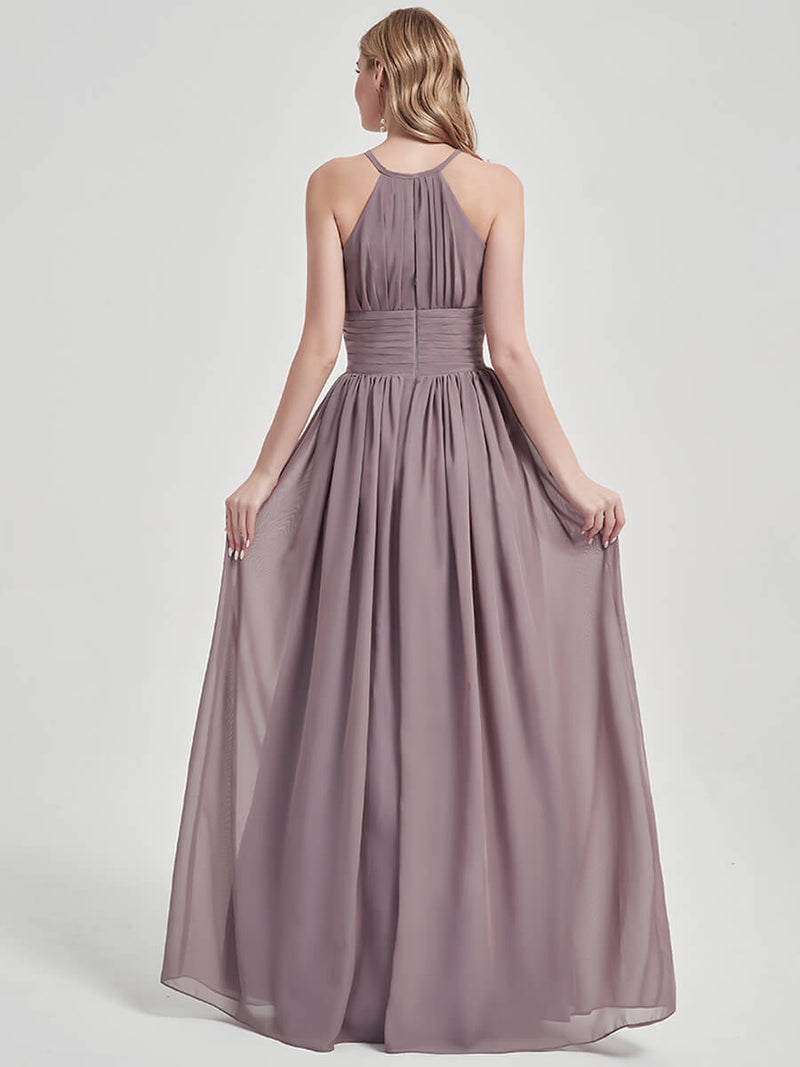 Floor length chiffon and halter neck pleated slim-waisted Bridesmaid Dress