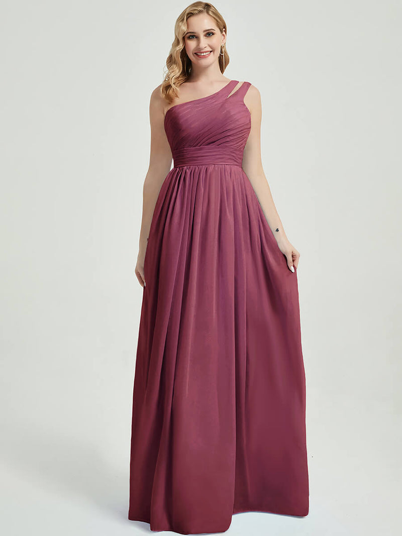 Mabel mulberry rose floor-length chiffon with narrow waist bridesmaid dress