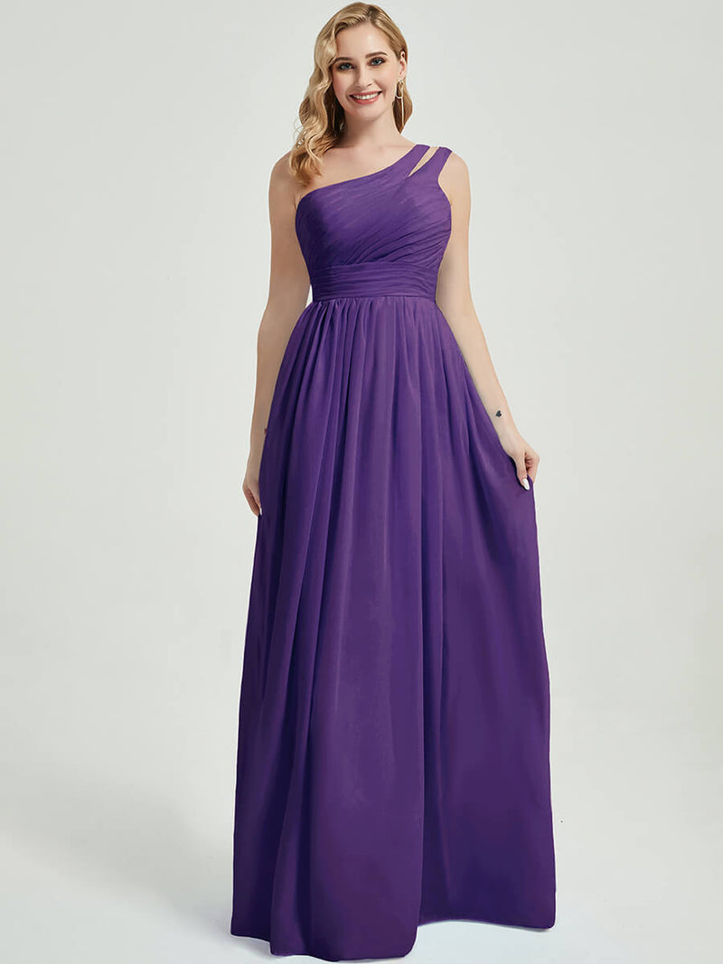 Mabel royal purple floor-length chiffon with narrow waist bridesmaid dress