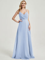 Cornflower Blue V Neckline Pleated Keyhole Back Chiffon Bridesmaid Dress Davis