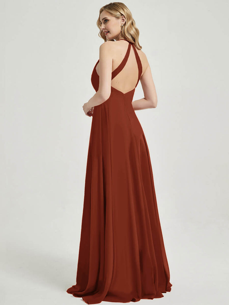 Rusty Red V Neckline Pleated Keyhole Back Chiffon Bridesmaid Dress Davis