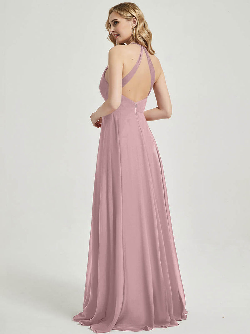 Vintage Mauve V Neckline Pleated Keyhole Back Chiffon Bridesmaid Dress Davis