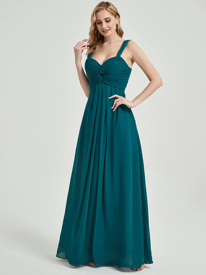 Teal Bridesmaid Dress With Striped floral folds on the chest.