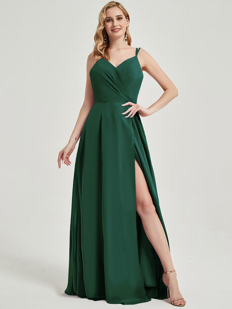 Emerald Green Double Spaghetti Straps Slit Lace Chiffon Bridesmaid Dress - Thana
