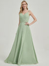 Sage Green Double Spaghetti Straps Slit Lace Chiffon Bridesmaid Dress - Thana