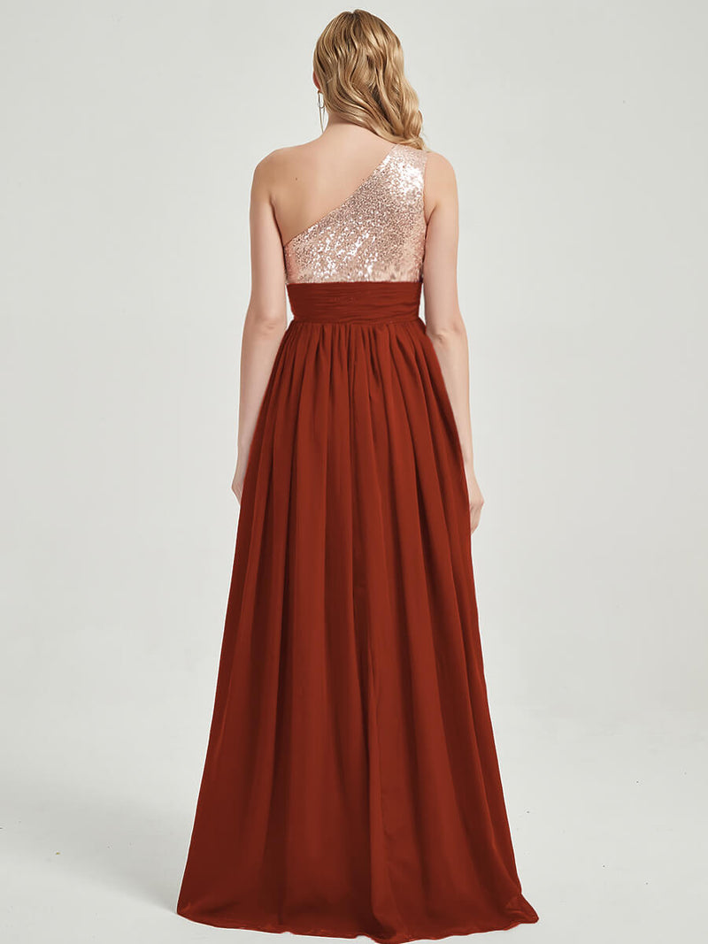 Rusty Red Sequined Chiffon Bridesmaid Dress - Sidney