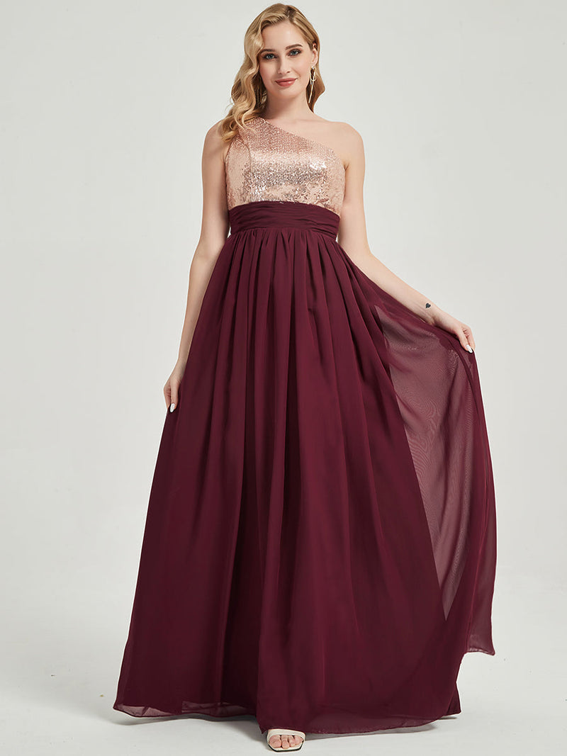 Pale Rose One-Shoulder Sequin Chiffon Maxi Bridesmaid Dress for Party