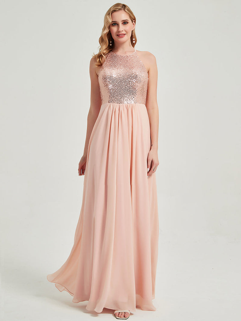 Dusty Pink Sequined Chiffon Bridesmaid Dress - Steller