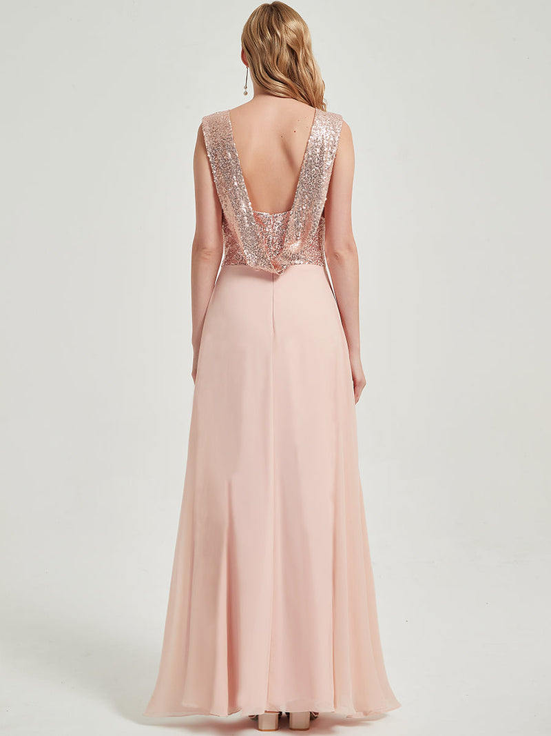 Dusty Pink Sequined Chiffon Back Cowl Bridesmaid Dress - Scarlet