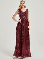 Burgundy V Cutting Sleeveless Sequined Bridesmaid Dress - Dawson