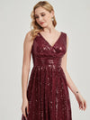 Burgundy V Cutting Sleeveless Sequined Bridesmaid Dress - Dawson