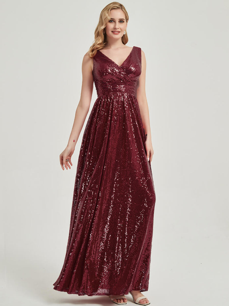 Burgundy V Cutting Sleeveless Sequined Bridesmaid Dress - Dawson