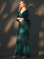 Emerald Green Sexy Sequined Long Sleeves Formal Mermaid Evening Dress -Erina