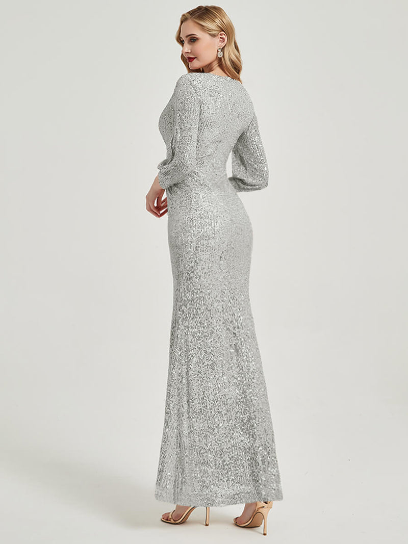 Apricot Grey Sexy Sequined Long Sleeves Formal Mermaid Evening Dress -Erina