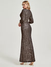 Mocha Sequin V-Neck Long Sleeves Maxi Formal Mermaid Evening Dress