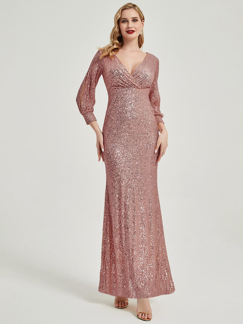 Pink Gold Sexy Sequined Long Sleeves Formal Mermaid Evening Dress -Erina