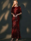 [Final Sale] Plus Size Burgundy Batwing Sleeved Sequins Formal Gown -Joanna