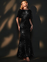 [Final Sale] Black Batwing Sleeved Sequins Formal Gown in Navy Blue-Joanna