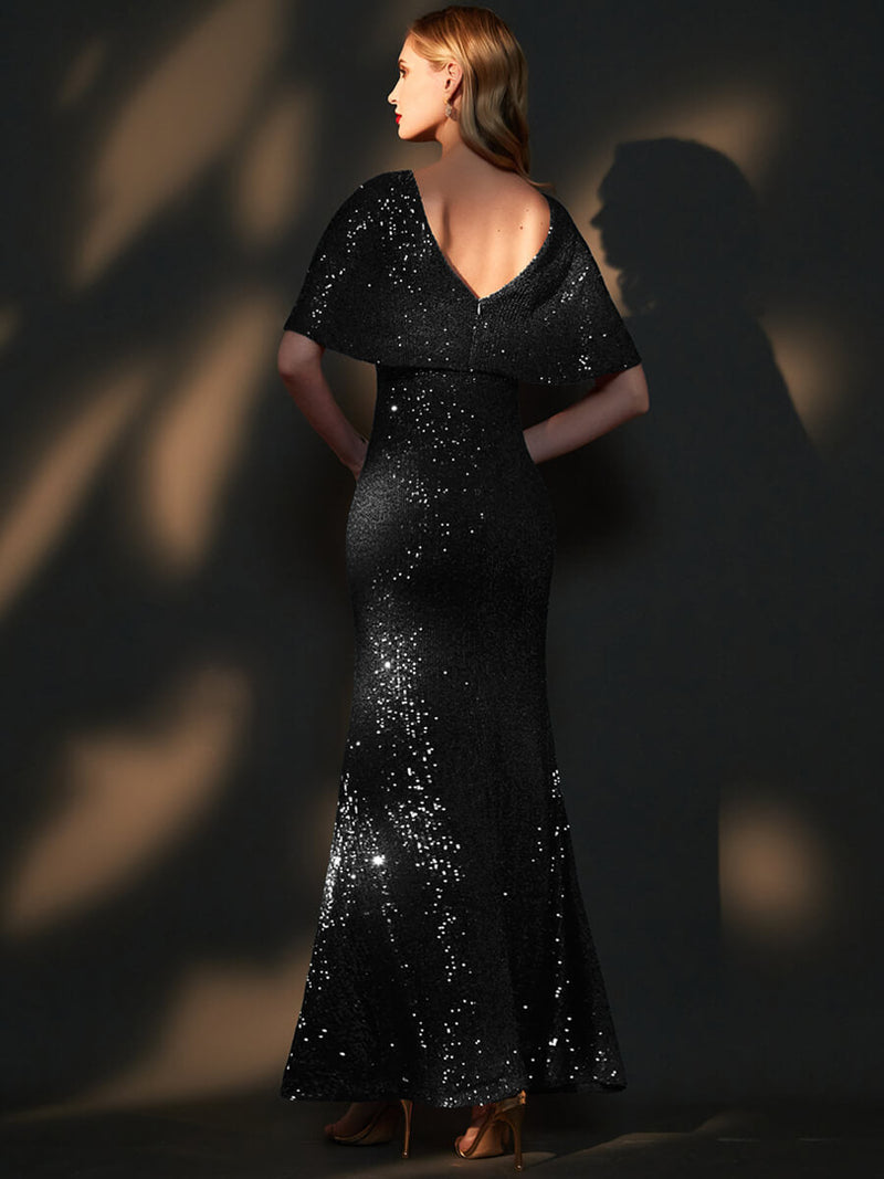 [Final Sale] Black Batwing Sleeved Sequins Formal Gown in Navy Blue-Joanna