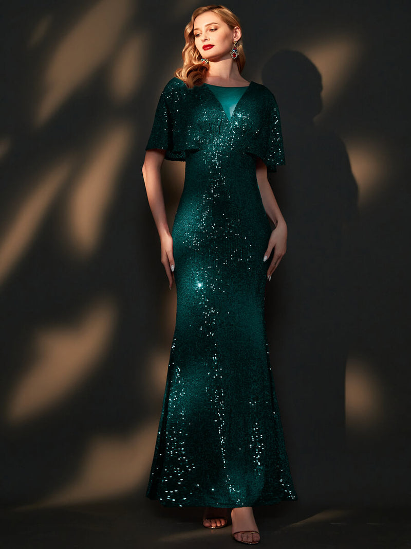 [Final Sale] Emerald Green Batwing Sleeved Sequins Formal Gown in Navy Blue-Joanna