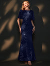[Final Sale] Navy Blue Batwing Sleeved Sequins Formal Gown in Navy Blue-Joanna