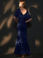 [Final Sale] Navy Blue Batwing Sleeved Sequins Formal Gown in Navy Blue-Joanna