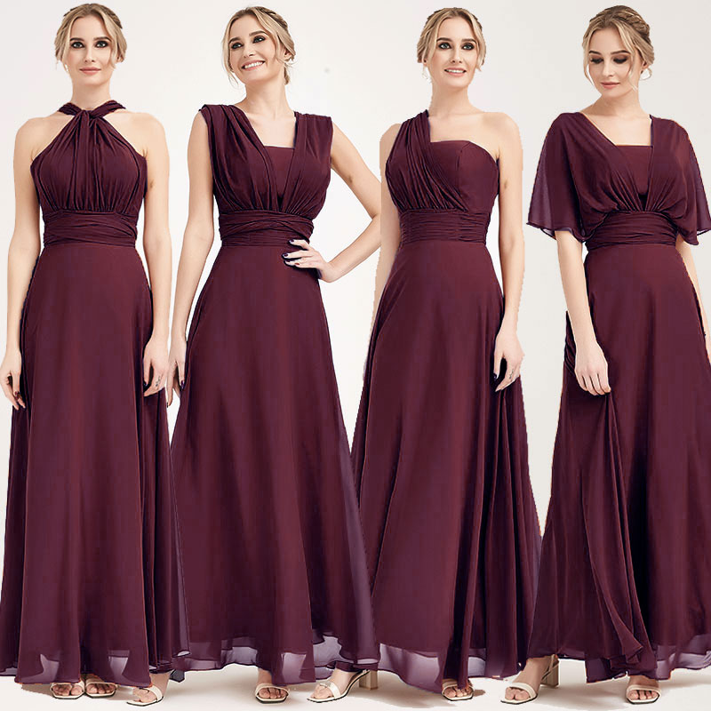 Burgundy Multi Ways Wrap Convertible Bridesmaid Dress Strapless Chiffon A-line Gown For Bridesmaid Party-CHRIS