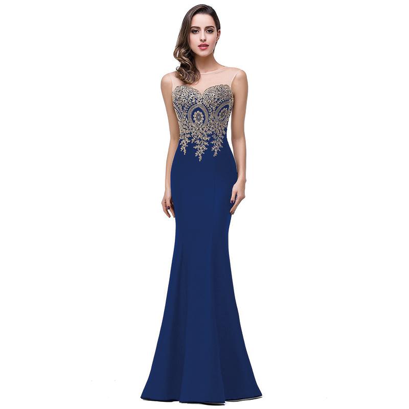 Plus Size Mermaid Bridesmaid Dress Gold Applique Royal Blue-Lynne
