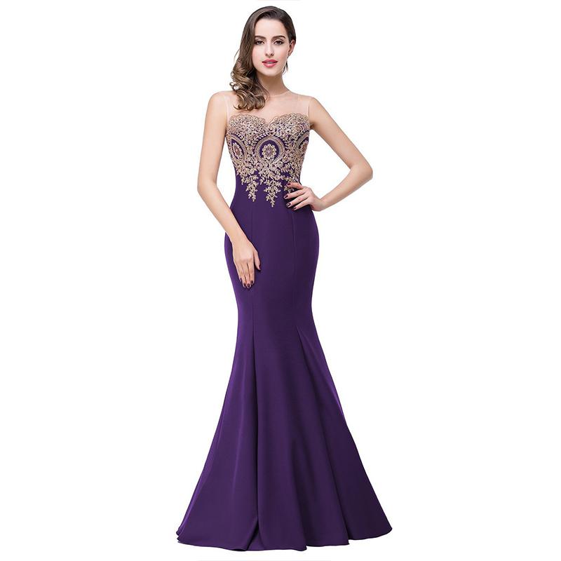 Plus Size Mermaid Bridesmaid Dress Gold Appliques Royal Purple-Lynne
