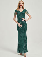 [Final Sale] Emerald Green Beadings Sleeve Sequins Mermaid Formal Gown Rava