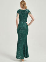 [Final Sale] Emerald Green Beadings Sleeve Sequins Mermaid Formal Gown Rava