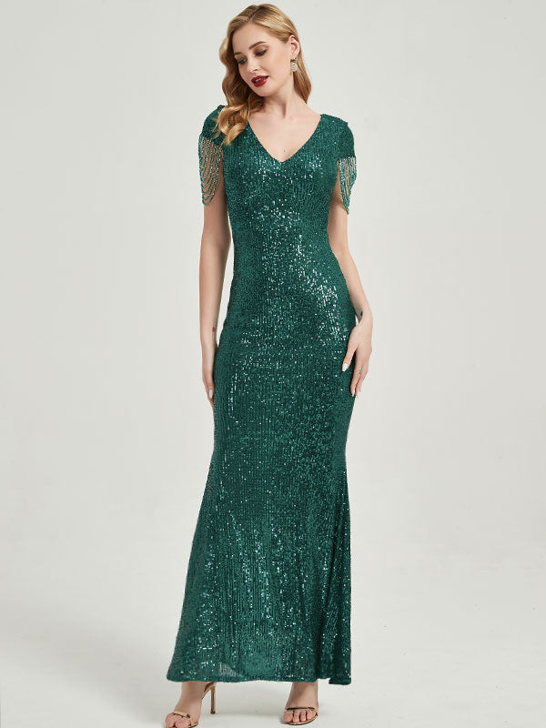 [Final Sale] Emerald Green Beadings Sleeve Sequins Mermaid Formal Gown Rava
