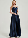 Navy Blue Satin Sweetheart Pleated Bridesmaid Dress