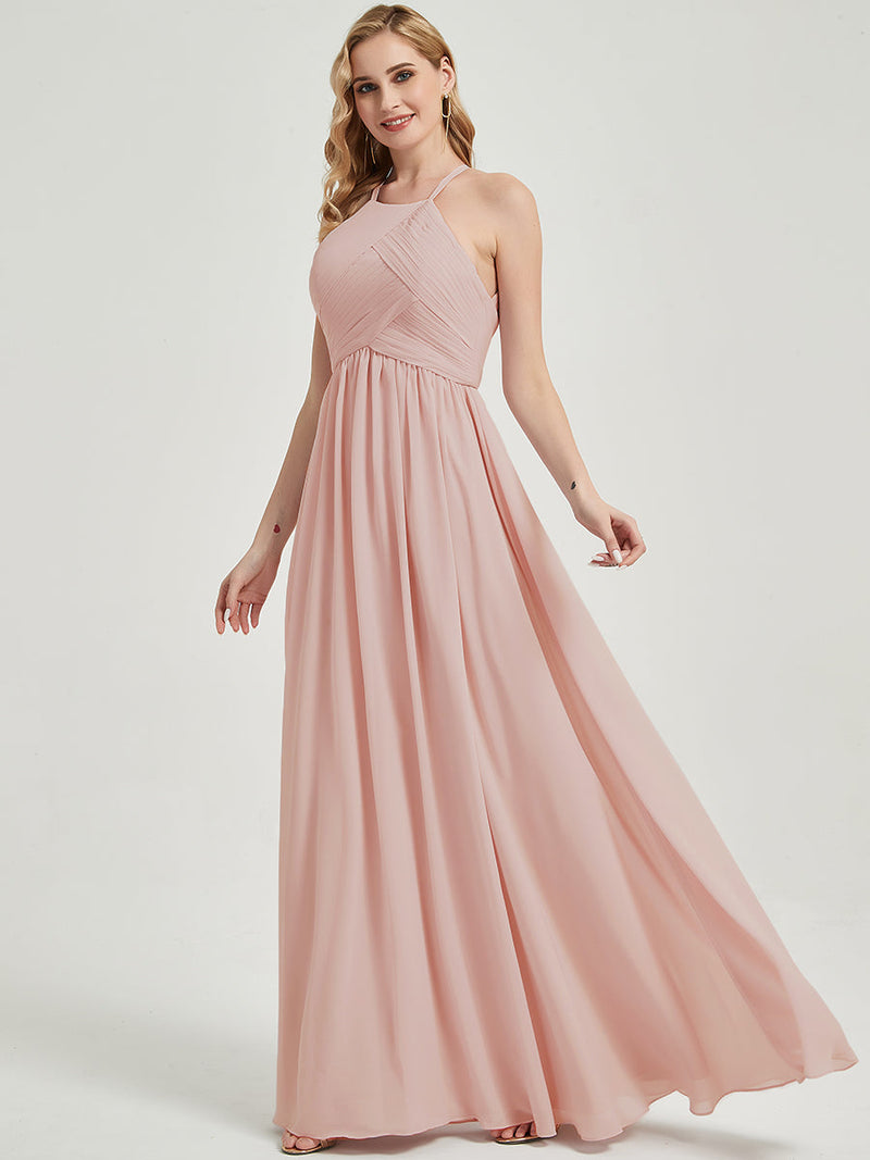 Dusty Pink Halter Pleated Keyhole Back Chiffon Bridesmaid Dress