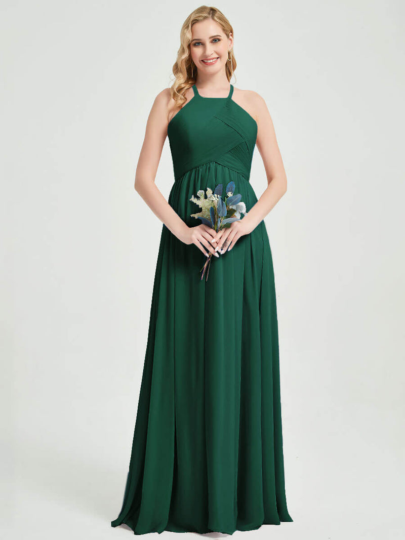 Emerald Green Halter Pleated Keyhole Back Chiffon Bridesmaid Dress - Mackenzie