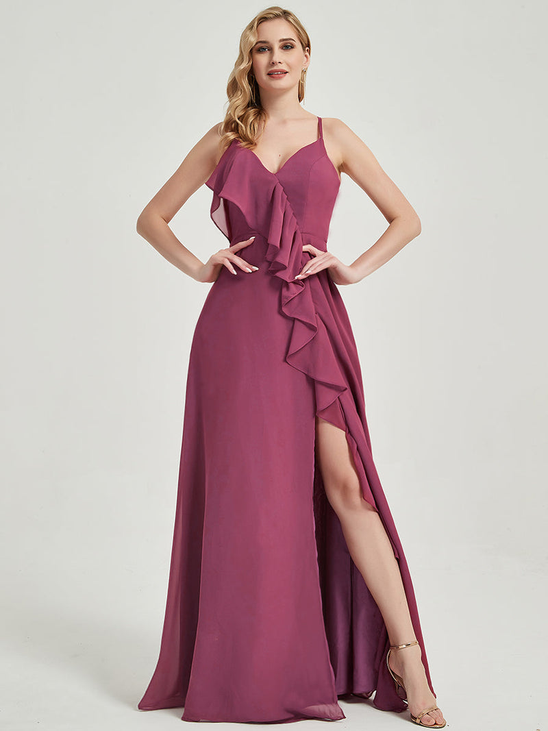 Spaghetti Straps Ruffles Slit Chiffon Bridesmaid Dress