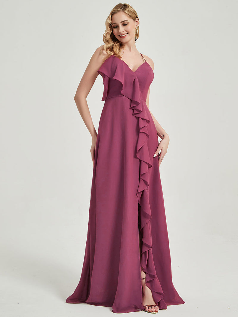 Floor length V-neckline and chiffon Fabric Bridesmaid Dress