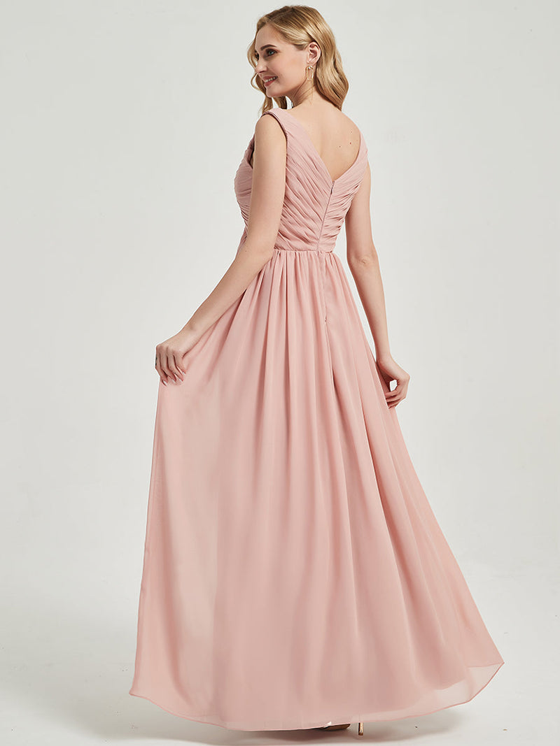 Dusty Pink V Neckline Empire Pleated Chiffon Bridesmaid Dress - Zoe