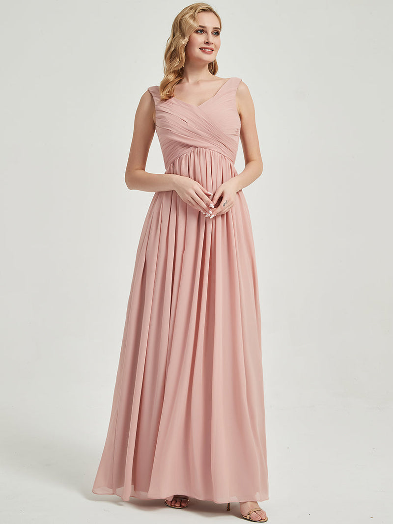 Dusty Pink V Neckline Empire Pleated Chiffon Bridesmaid Dress - Zoe