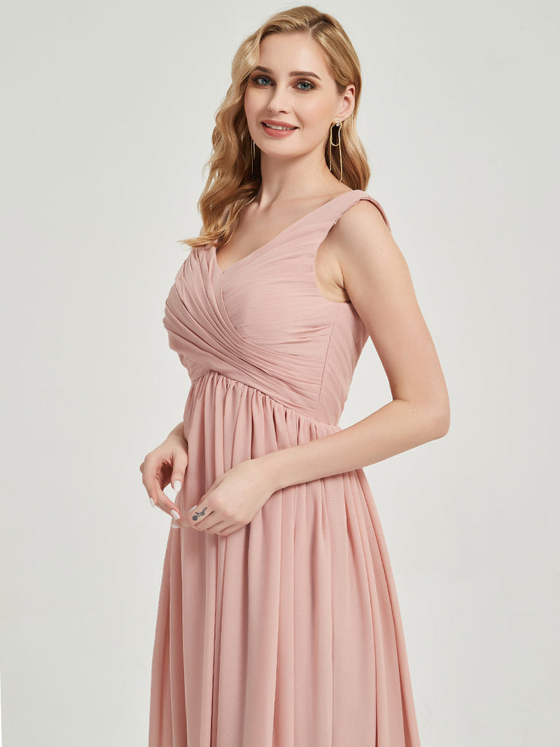 Blush Pleated Sleeveless Floor Length Empire Chiffon Bridesmaid Dress