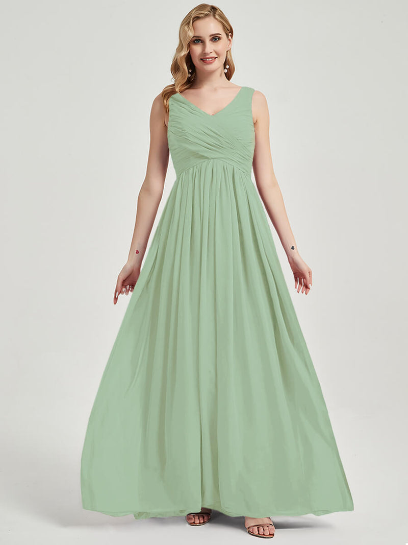 Sage Green V Neckline Empire Pleated Chiffon Bridesmaid Dress - Zoe