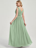 Sage Green V Neckline Empire Pleated Chiffon Bridesmaid Dress - Zoe