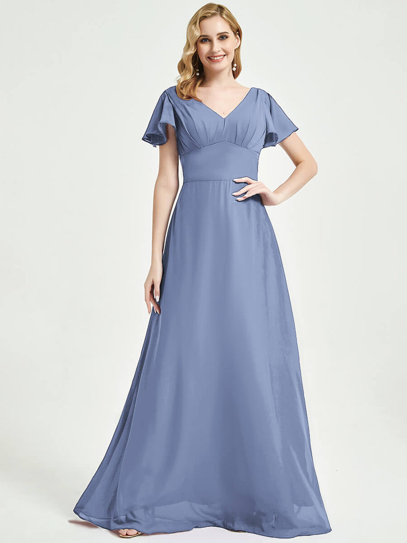 Slate Blue Empire Bridesmaid Dress With A-line Silhouette