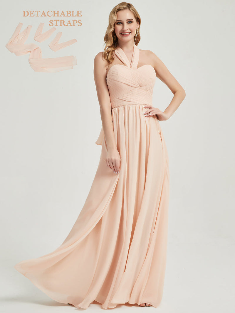 Pearl Pink Pleated Convertible Maxi Chiffon Bridesmaid Dress