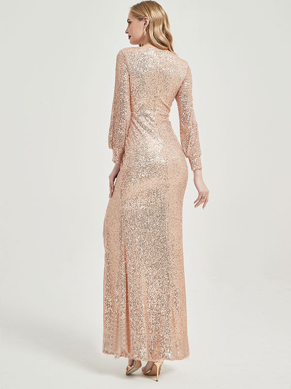 Champagne Gold Sequin Long Sleeves Maxi Mermaid Evening Dress With Slit